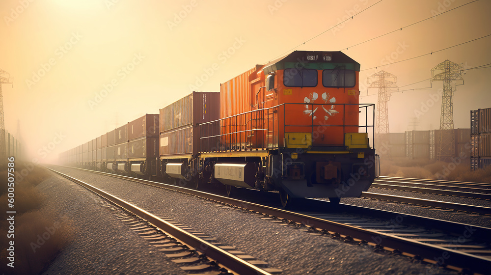 Cargo train platform at sunset with container. Generative Ai Cargo train platform at sunset with container. Generative Ai