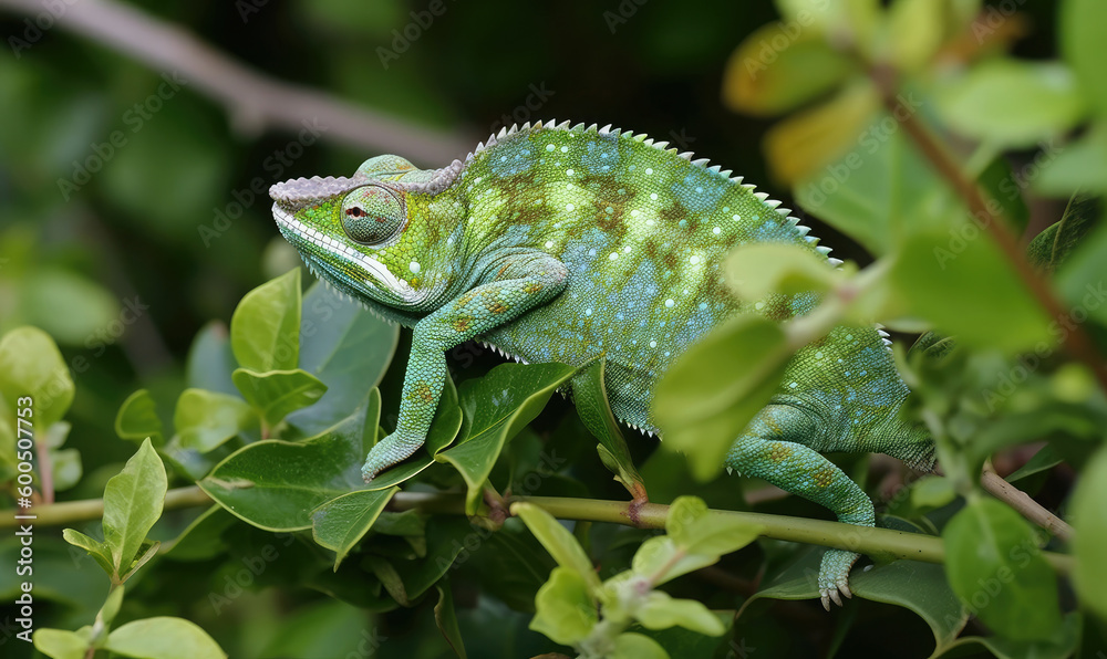 Close-up portrait of a green chameleon on a plant. Generative AI Close-up portrait of a green chameleon on a plant. Generative AI