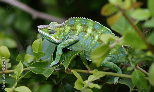 Close-up portrait of a green chameleon on a plant. Generative AI