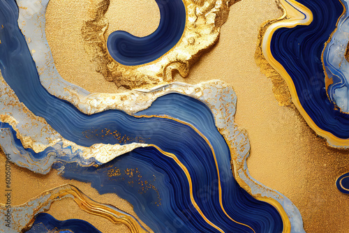 Blue and golden acrylic liquid ink swirl abstract background with ravishing turbulence wavy pattern and detailed texture. Luxury fluid liquid art by Generative AI.