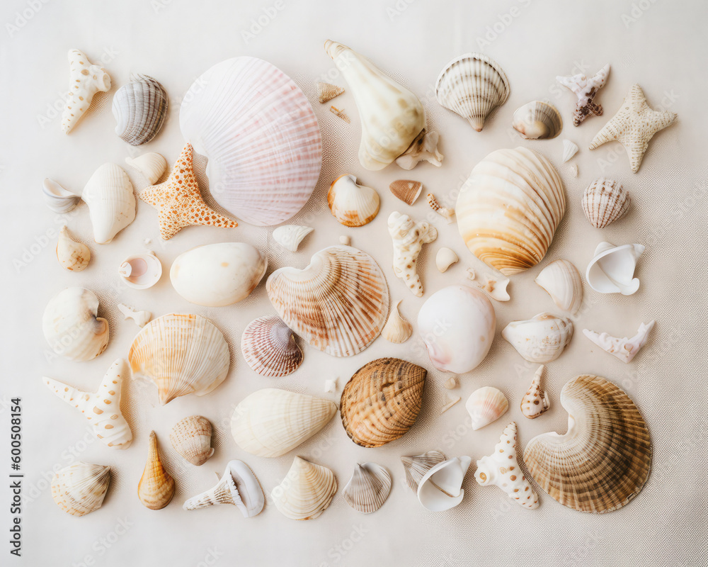 Sea background of shells and sea snails. Summer and marine themed flat lay. Generative AI