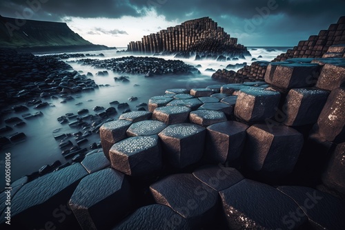 Giants causeway hexagon basalt rock on the sea. distinct generative AI image. photo