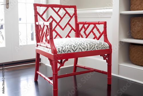 Chinese Chippendale Chair - China - A wooden chair with an ornate, geometric lattice design on the backrest, popularized in Europe and America during the 18th century (Generative AI) photo