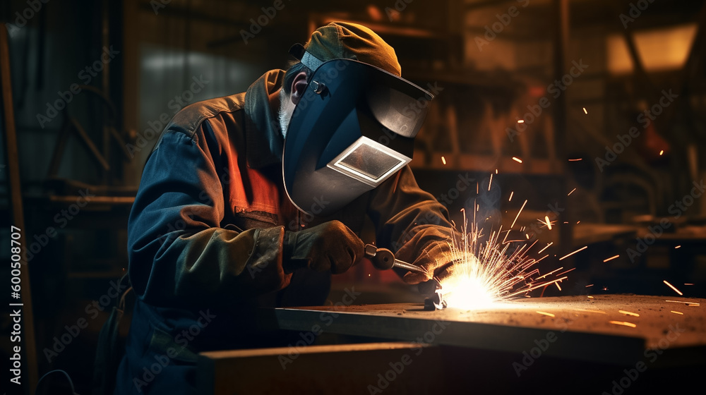 Welder in protective iron mask, helmet is welding automotive steel parts, blur factory background. Concept for industrial manufacturing. Generative AI