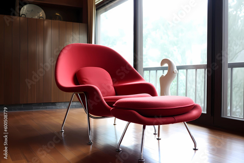 Womb Chair - United States - A mid-century modern lounge chair designed by Eero Saarinen, featuring a curved, cocoon-like shape and upholstered in plush fabric (Generative AI) photo