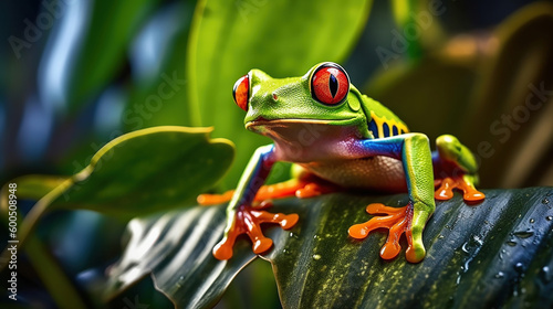 Red Eyed Tree Frog on a Leaf with blurred Background. Generative Ai © Putra
