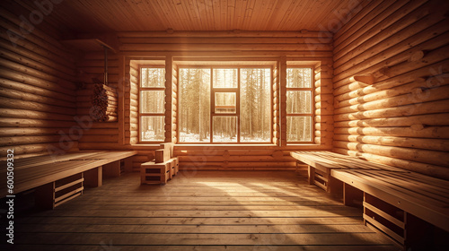Typical Finnish Sauna, hot classic wooden sauna from wood. Generative Ai