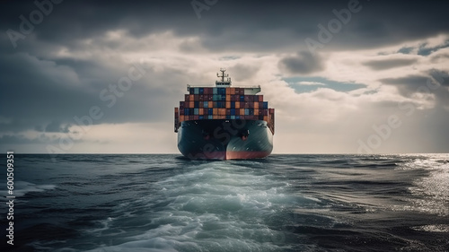 Cargo Ship Carrying Containers in Open Sea, Panoramic View, Global Business Logistics Transportation by Container Vessel, Import and Export Freight Shipping Commercial Trade. Generative AI