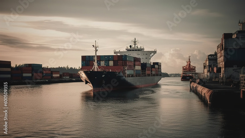 Cargo Ship Carrying Containers in Port Dock, Panoramic View, Global Business Logistics Transportation by Container Vessel, Import and Export Freight Shipping Commercial Trade. Generative AI