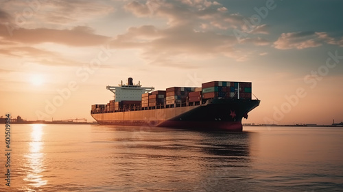 Cargo Ship Carrying Containers in Open Sea, Panoramic View, Global Business Logistics Transportation by Container Vessel, Import and Export Freight Shipping Commercial Trade. Generative AI