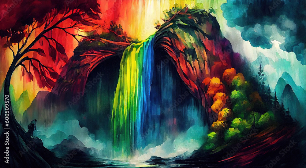 Rainbow Colored Waterfall Mountains with Trees on Canvas Oil Painting AI Generative