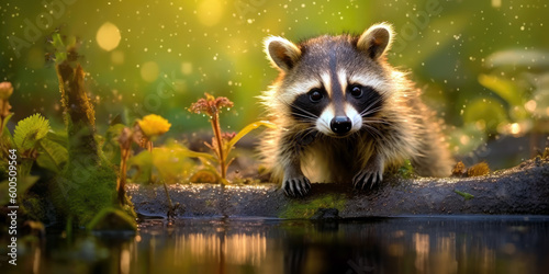 raccoon animal, bright wildlife, vibrant blured background, Generative AI