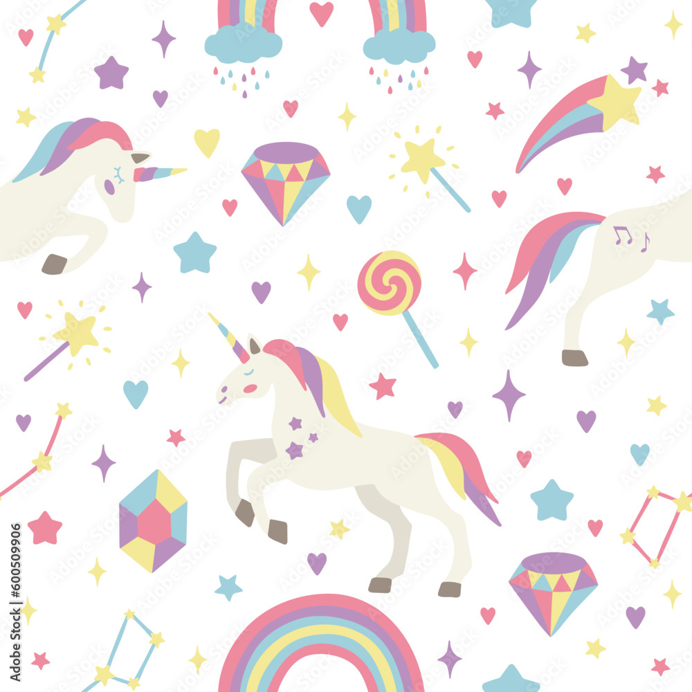 Seamless vector pattern with cute unicorns on a floral background. Ideal for textiles, wallpapers or prints.