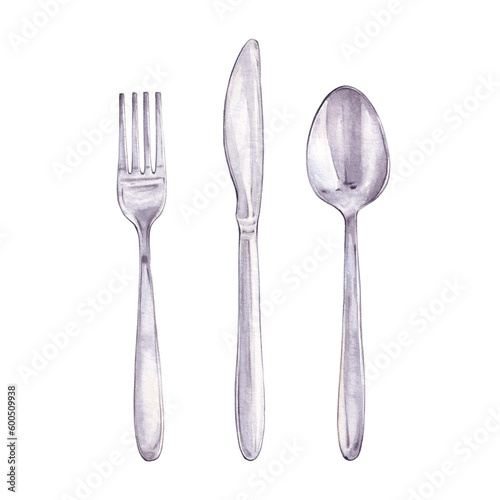 Watercolor cutlery. Hand drawn illustration of fork, knife and spoon on a white