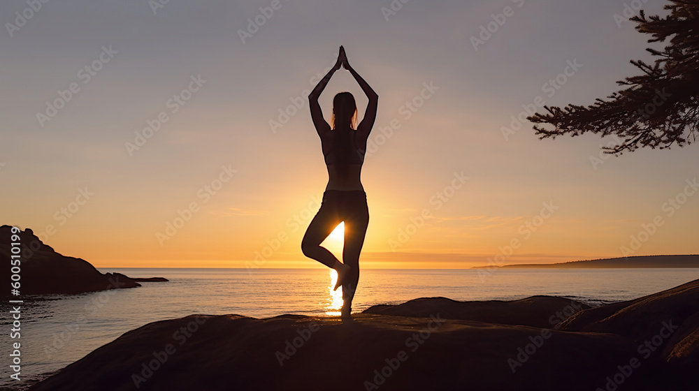Young healthy woman practicing yoga on the beach at sunset. Generative Ai