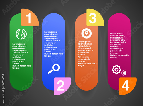 Vector process progress template diagram schema with four steps icons and descriptions. White spheres with icons on color rounded stripes and minimalistic design