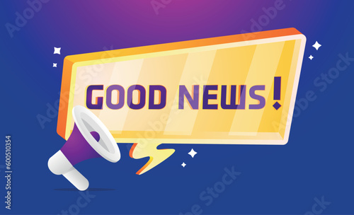 Good news information alert from hand with megaphone vs loudspeaker vector illustration, flat cartoon announce notification banner horizontal sign 