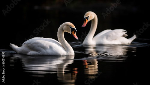 Mute swan swimming in tranquil pond reflection generated by AI