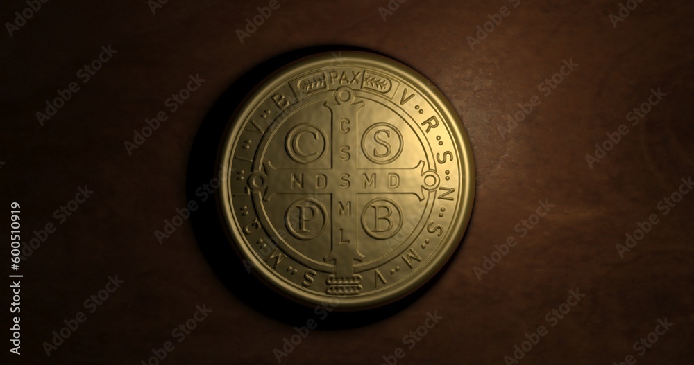 The medal of St. Benedict, the patron saint of Europe - 3D Illustration - obrazy, fototapety, plakaty 