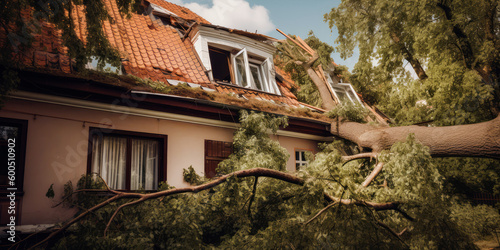 fallen tree on house roof after hurricane. property insurance. generative AI