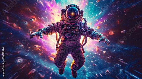 Beautiful painting of an astronaut in a colorful galaxy in space. Ai art. Pop art concept, gaming art concept, wallpaper. © Dijay