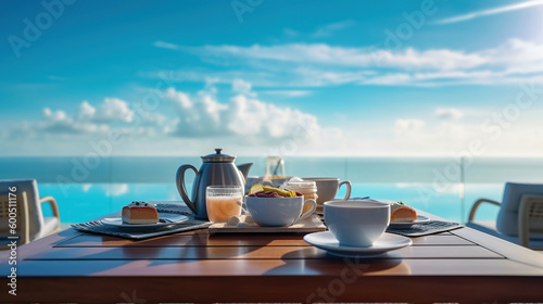 Luxury breakfast table beautiful tropical sea sky background. Generative Ai