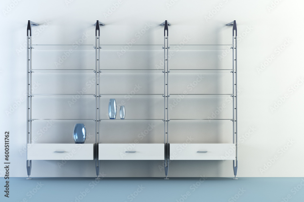 3d interior with modern bookshelf beside red wall