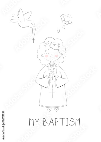 A Cute Girl Holds a Prayer Candle Invitation Card for Baptism Day Baptized and Blessed Simple Doodle Vector Illustration