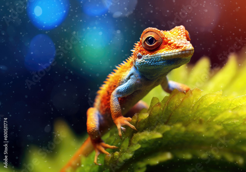 tropical lizzard, bright wildlife, vibrant blured background, Generative AI