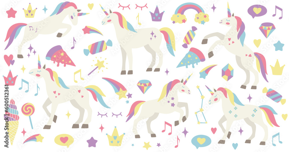 Cute unicorn set. Vector characters for birthday, invitation, baby shower card, kids t-shirts and stickers kit. Hand drawn nursery illustration. Cute unicorn set. Vector characters for birthday, invitation, baby shower card, kids t-shirts and stickers kit. Hand drawn nursery illustration.