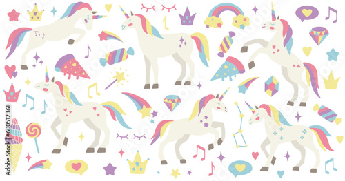 Cute unicorn set. Vector characters for birthday, invitation, baby shower card, kids t-shirts and stickers kit. Hand drawn nursery illustration.