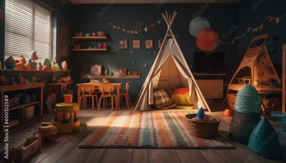 Fototapeta premium Playful child enjoys modern toy in cozy home generated by AI