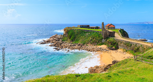 tourism in Galicia- Spain panoramic view of atlantic ocean and Ermita da Nosa Senora da Lanzada,  Sanxenxo photo