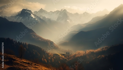 Majestic mountain peak rises high above tranquil meadow generated by AI © djvstock