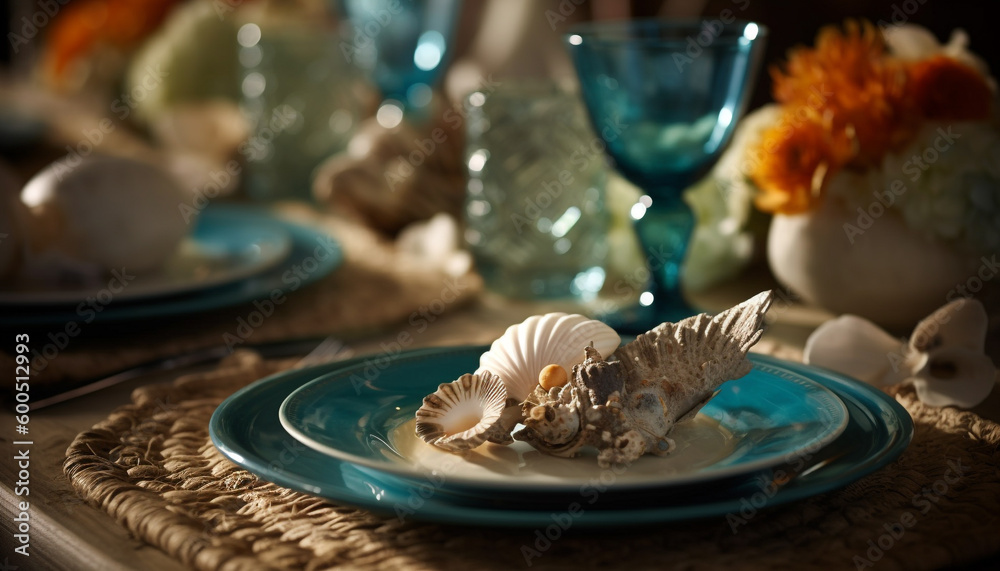 Gourmet seafood meal on elegant wooden table generated by AI