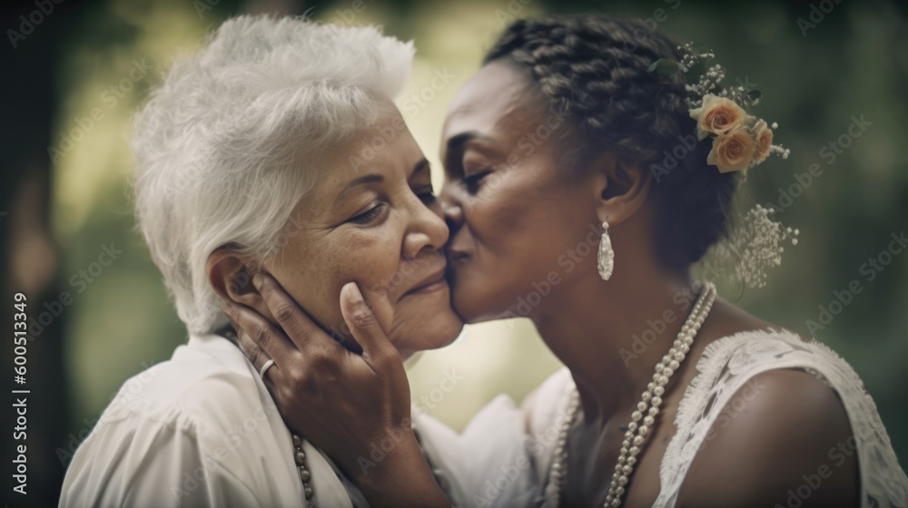 Old women lesbian couple. marrage Black and Caucasian female bride in love. LGBT pride month celebration generative ai Old women lesbian couple. marrage Black and Caucasian female bride in love. LGBT pride month celebration generative ai