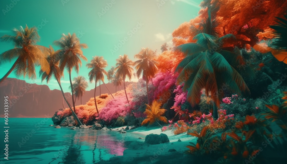 Tropical sunset, palm trees, coral reef, underwater generated by AI