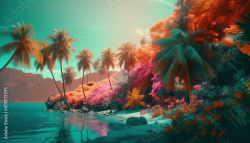 Tropical sunset, palm trees, coral reef, underwater generated by AI © djvstock