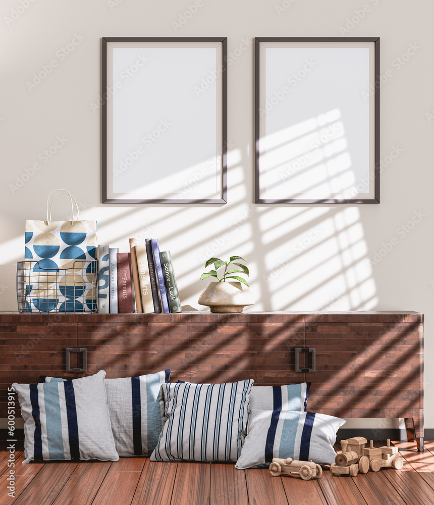 Frame mockup scene interior frame mockup scene with door and furniture