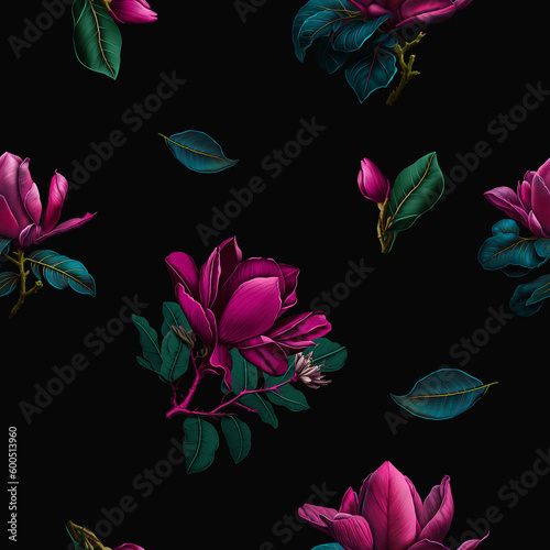 Seamless magnolia pattern design. Generative AI