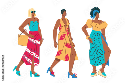 Set of fashion women characters or fashion models, flat vector illustration isolated on white. Demonstration of summer fashion show by models.