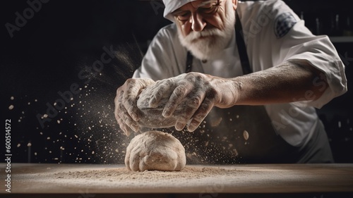 Generative AI, Old man hands of baker in restaurant or home kitchen, prepares ecologically natural pastries. 