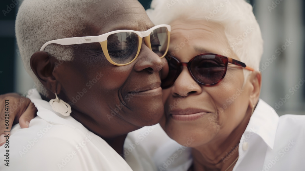 Old women lesbian couple. Black and Caucasian female in love. LGBT pride month celebration generative ai Old women lesbian couple. Black and Caucasian female in love. LGBT pride month celebration generative ai