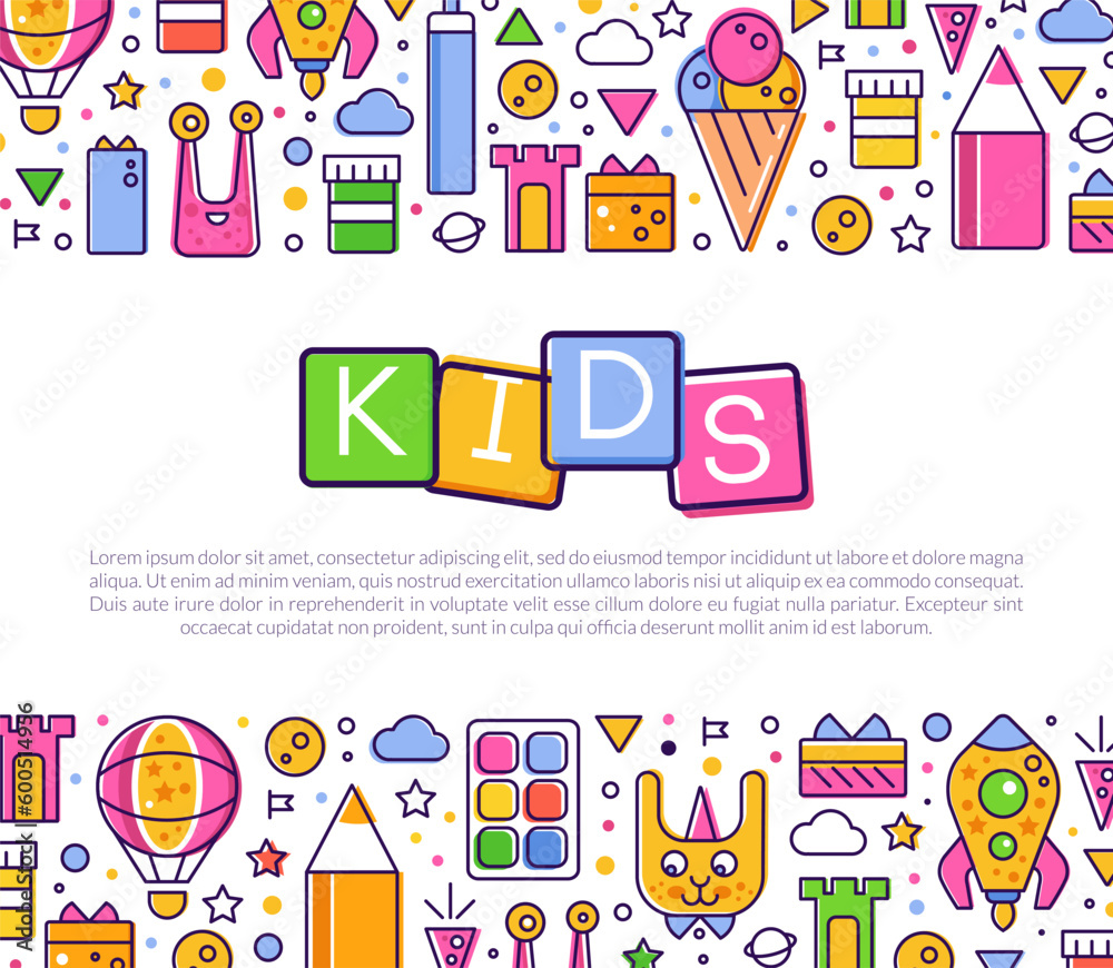 Bright Kids Design with Line Colorful Icons Vector Template