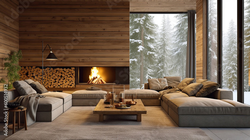 Modern Cottage Living Room Decor with Wood Wall and Furniture. Rustic Home Design. Generative Ai © Putra