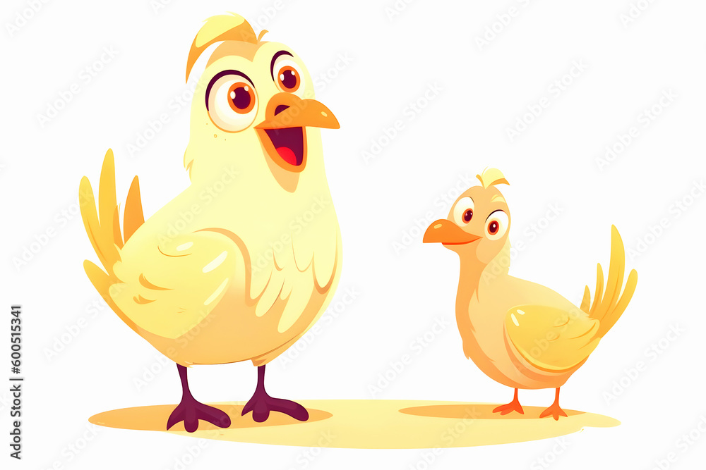 Cartoon yellow mother hen teaches little fluffy chick. Education and learning, parents and children, teacher and student. Generative AI, illustration Cartoon yellow mother hen teaches little fluffy chick. Education and learning, parents and children, teacher and student. Generative AI, illustration