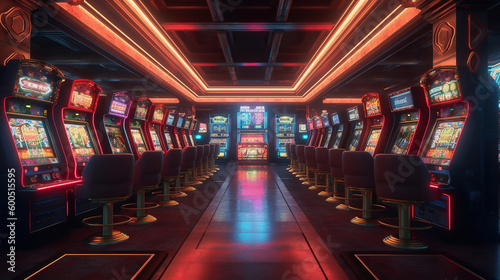 Entertainment area illuminated with casino machines at night. Generative Ai