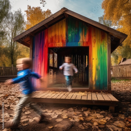 wooden house in autumn with children running