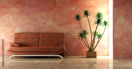 3d interior in pink colour with modern couch