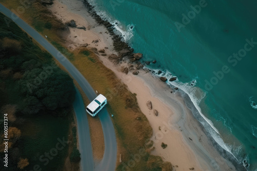 Aerial view ocean coast and recreational vehicle